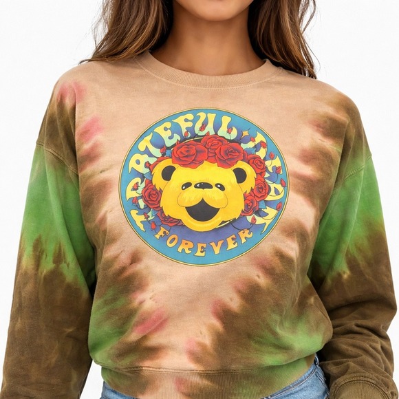 Grateful Dead Tops - Grateful Dead Forever Tie Dye Sweatshirt XS Dancing Bear Roses Tan Green Brown